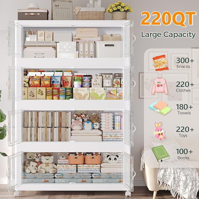 165Gal Stackable Storage Bins with Lid, 660Qt Extra Large Collapsible Storage Box with Doors and Wheels, Plastic Closet Organizer and Storage Cabinet Drawer For Home Kitchen, 3Pack White