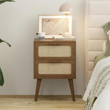 YAUKOMEL Rattan Nightstand Set of 2,Mid Century Modern Bedside with Drawers,End Table, Side Table with 2 Hand Made Rattan Decorated Drawers for Livingroom,Bedroom,Caramel Oak CTG59BR-2
