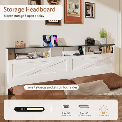 Queen Size Bed Frame with Wooden Storage Headboard, Farmhouse Platform Bedframe with LED Lights and Charging Station, Easy Assembly, No Box Spring Needed (White, Queen)