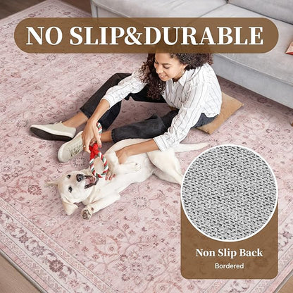 MontVoo-Vintage Area Rug 5X7 Pink Rugs for Living Room-Soft Distressed Printed Rugs for Bedroom-Non Slip Carpet-Machine Washable Rug for Dining Room Living Room Bedside Office