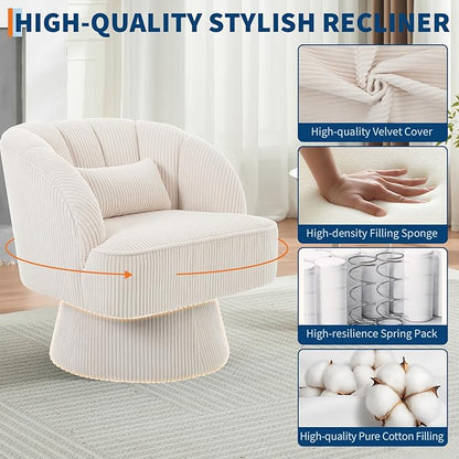 GarveeHome Modern Swivel Barrel Accent Chair, 360° Velvet Upholstered Armchair with Striped Backrest & Plush Padding, Comfy Round Lounge Chair (1, Beige + Corduroy)