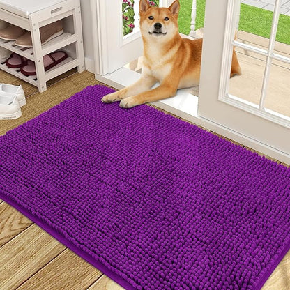 OLANLY Dog Door Mat for Muddy Paws 48x30, Absorbs Moisture and Dirt, Absorbent Non-Slip Washable Doormat, Quick Dry Chenille Mud Mat for Dogs, Entry Indoor Entryway Carpet for Inside Floor, Purple