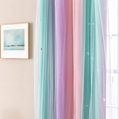 XiDi Curtains for Bedroom Decor, Rainbow PinkPuGreen-62-84