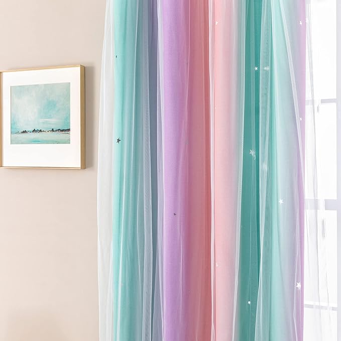 XiDi Dream Star Blackout Curtains for Kids Rooms Girl Princess Curtain for Daughter Bedroom Window (Pink Purple Green, W52 X L72)