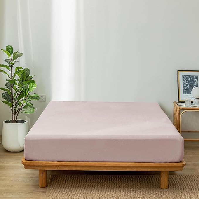 MooMee Fitted Bottom Sheet Only 100% Washed Cotton Linen Like Textured Breathable Durable Soft Comfy Deep Pocket Fits Mattress up to 17" (Greyish Pink, Queen)