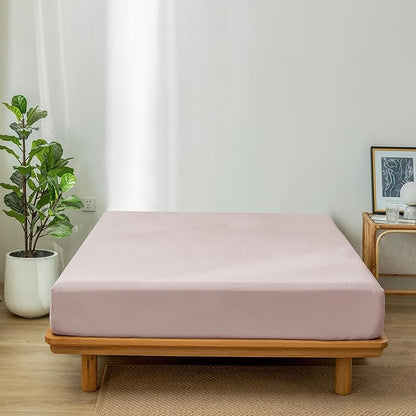 MooMee Fitted Bottom Sheet Only 100% Washed Cotton Linen Like Textured Breathable Durable Soft Comfy Deep Pocket Fits Mattress up to 17" (Greyish Pink, Queen)