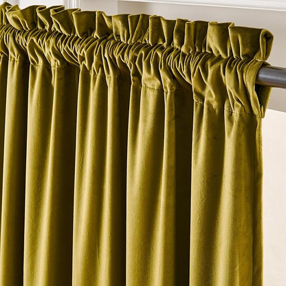 Lazzzy Velvet Blackout Curtains Thermal Insulated Room Window Drapes Super Soft Luxury Curtains for Living Room Bedroom Rod Pocket 2 Panels, Golden Olive, 52" W x 108" L