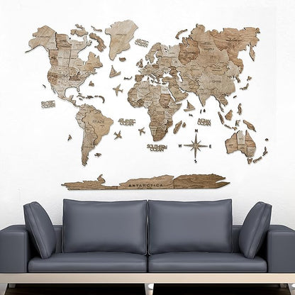Handmade 3D Wood World Map Wall Art Large Wall Decor Track Your World Travels - Special for Home, Kitchen and Office (X-Large, Terra)