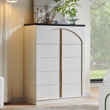 ACCOHOHO Modern 5 Drawers Dresser for Bedroom with Arched Panel,44" Tall Dresser for Closet with Metal Handles,Push-to-Open Wood Storage Closet Dressers Tv Stand for Living Room, Hallway,White