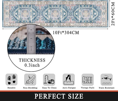 vivorug Blue Runner Rug 2x10 Machine Washable Rug with Non-Slip Backing, Ideal for Kitchen Hallway Entryway Laundry Room - Vintage, Durable, Easy Clean, Low Pile Carpet Runner