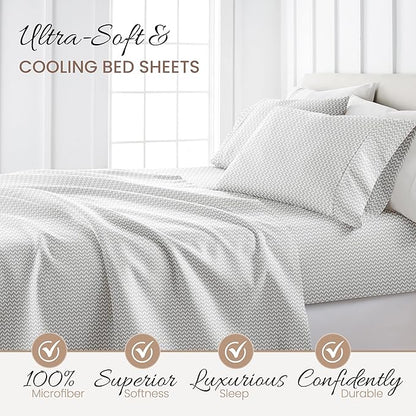 Linen Market Double-Brushed Patterned Microfiber California King Sheet Set 4 Piece – Oeko-TEX Certified Ultra Soft & Wrinkle-Free - 16" Deep Pocket Sheets Easy Care Cal-King Size - Chevron Light Gray
