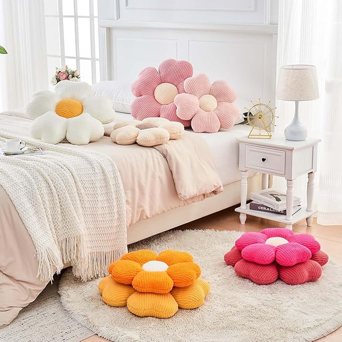 Kcvvcr Flower Throw Pillow, Cute Flower Shaped Pillow Decorative Throw Pillow for Bed Couch, Soft Daisy Pillows Floor Seating Cushion Cushions (19.6 Inch White+Yellow)