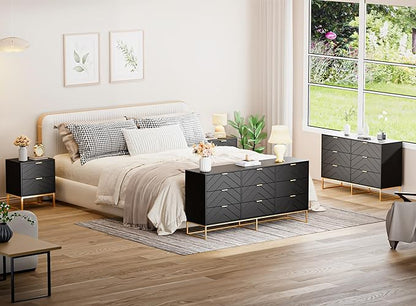 Anbuy Morden 9 Drawer Dresser and Nightstand Sets for Bedroom, 3 Pieces Bedroom Sets Night Stand Set of 2 & 9 Drawer Dresser with Gold Handles, Wood Chest of Drawers Storage Cabinet Set, Green Black