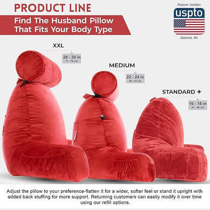 Husband Pillow XXL – Reading Pillow Bed Chair with Arms & Back Support – Red - Back Pillow for Beds Sitting Up – Bed Rest Arm Pillow – Comfy Reading Pillow for Adults