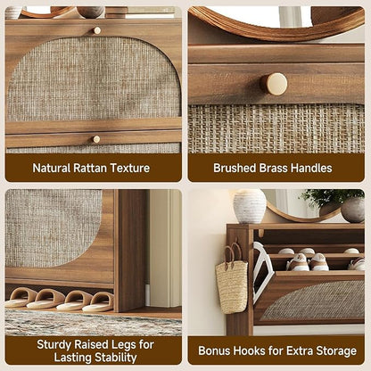 Nicetree Freestanding Ultra Slim Arched Rattan Accent Shoe Storage Cabinet for Entryway - 4 Flip Drawers & 3-Tier Adjustable Shelves, Farmhouse Modern Rustic Shoe Rack for Hallway, Foyer