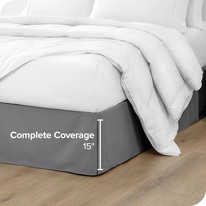 Bare Home Full XL Bed Skirt - 15-Inch Tailored Drop Easy Fit - Bed Skirt for Full Extra Long Beds - Center & Corner Pleats (Full XL, Grey)