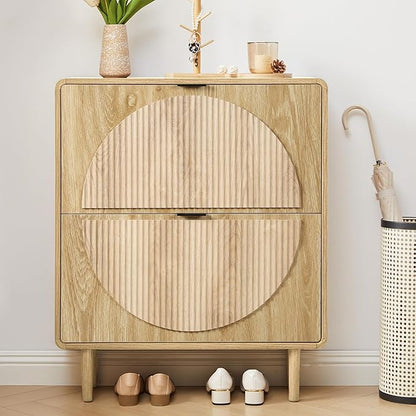 Turtle&Myrtle Modern Shoe Storage Cabinet for Entryway, Narrow Shoe Organizer Cabinet, 2-Tier Flip Down Drawers, Small Freestanding Hidden Wood Slim Shoe Rack,Round Fluted Pattern (Natural)