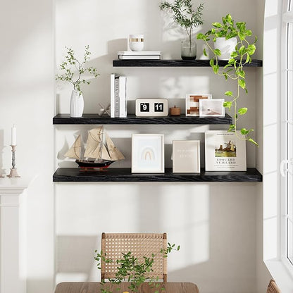 Fun Memories Floating Shelves for Wall, 48 x 9.3 Large Floating Shelf Wall Mounted Set of 2, Rustic Wood Shelves for Bathroom, Kitchen, Living, Heavy-Duty Storage Deep Shelf for Books, Decor, Black