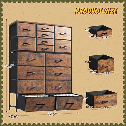 57“H Dresser for Bedroom with Multiple Drawers, Fabric Dressers & Chests of Drawers for Bedroom,Large Dresser, Sturdy Metal Frame & Wood Top,Entryway, Hallway(Rustic Brown)