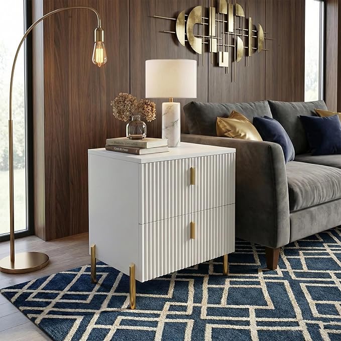 Luxury Fluted Night Stand Set of 2, Nightstand with 2 Drawers, Modern Bedside Table with Golden Legs and Handles, End Tables for Living Room Bedroom, White