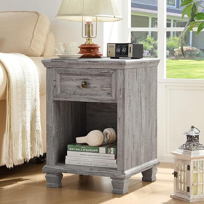 SAVOR LIFE Farmhouse End Tables Living Room Set of 2, Rustic Wood Nightstand with 1 Drawer, Bedside Table with Open Shelf for Bed Room, Side Table for Living Room, Grey