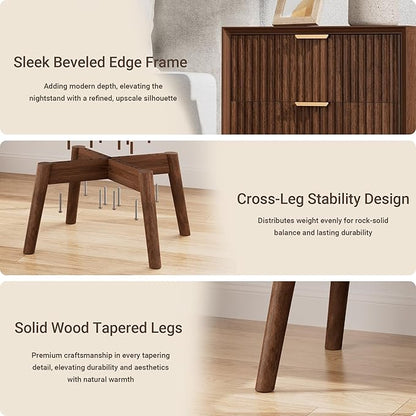 Fluted Nightstand, Night Stand Set 2, Nightstands Set of 2 with Beveled Edges & Solid Wood Legs, 2 Drawer Wooden End Table with Charging Station, Modern Bedside Table for Bedroom, Walnut