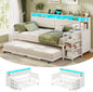VIAGDO Daybed Twin with Pop Up Trundle, Farmhouse Wooden Day Bed Frame with 3 Storage Drawers and Shelves, Twin to King Daybed with Charging Station and LED Lights for Bedroom, Guest Room, White