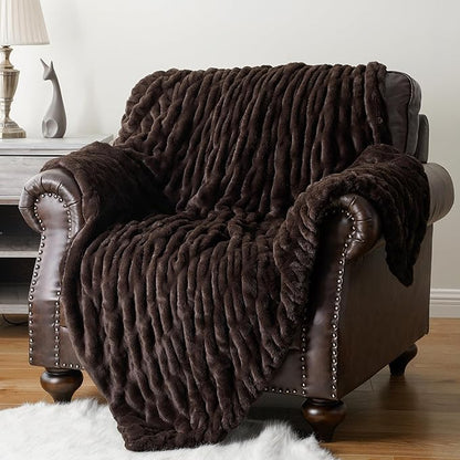 BATTILO HOME Dark Brown Faux Fur Throw Blanket for Bed, Double Side Reversible Ruched Faux Rabbit Fur Throw for Couch, Bed, Super Soft Blanket Cozy Warm Mink Blanket, 60"x80"