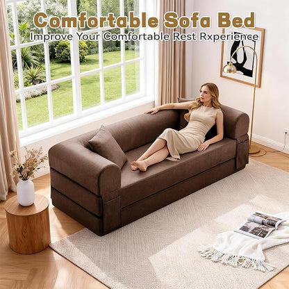 Convertible Folding Sofa Bed,78.5 Inch Faux Leather Futon Couch with Pillows & Storage Pocket,5-in-1 Queen Sleeper Sofa in a Box with Pull Out Bed,Boneless Couch for Living Room Bedroom,Brown