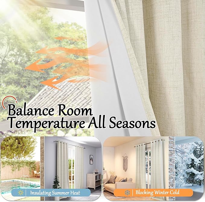100% Blackout Curtains 96 Inches Long for Living Room 2 Panels Set, Textured Floor Length 95 Inch Thermal Insulated Faux Linen Bronze Grommet Boho Window Drapes, Each 52" Wide, Natural