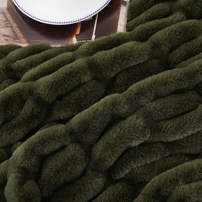 BATTILO HOME Olive Green Faux Fur Throw Blanket for Bed, Large Double Side Reversible Ruched Faux Rabbit Fur Throw for Couch, Bed, Super Soft Blanket Cozy Warm Mink Blanket, 60"x80"