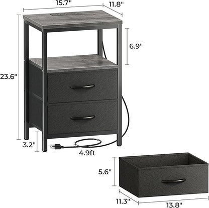 Huuger Nightstand with Charging Station, Side Table with Fabric Drawers, End Table with Open Shelf, Bedside Table with USB Ports and Outlets, Night Stand for Bedroom, Charcoal Gray | with Open Shelf, for Bedroom