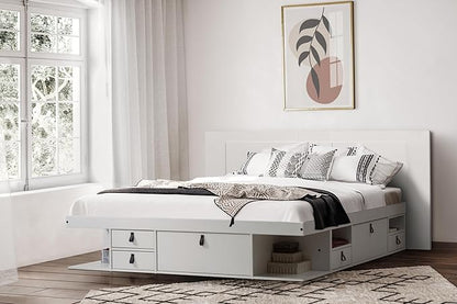 memomad Bali Slim Set: Storage Platform Bed with Drawers + Flat Panel Headboard (King Size, White Wood)