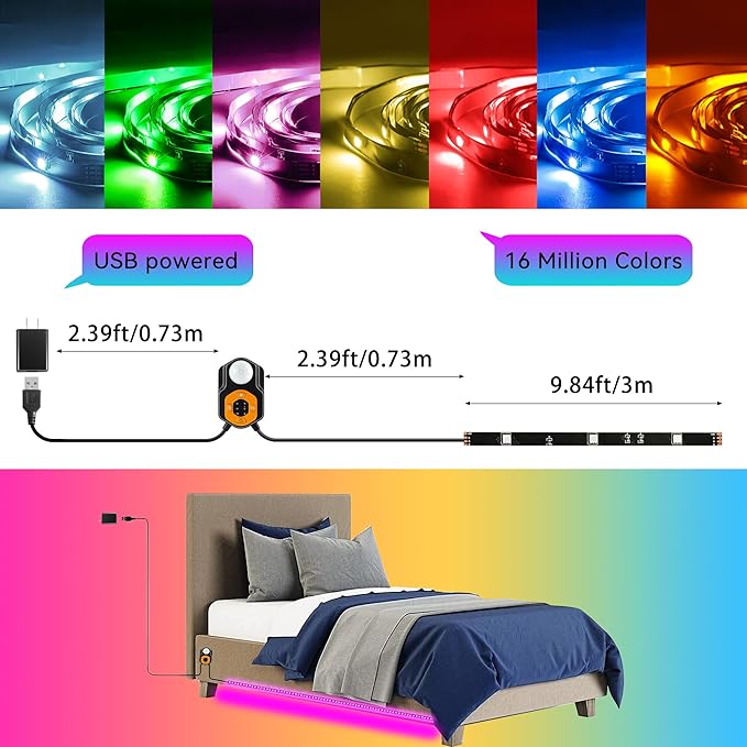 Under Bed Lights Motion Sensor LED Light Strip, 9.84ft 3 Mode RGB Motion Activated Bed Light with Music Sync and Timer, Color Changing Dimmable Night Lights with Remote APP Control for Bedroom