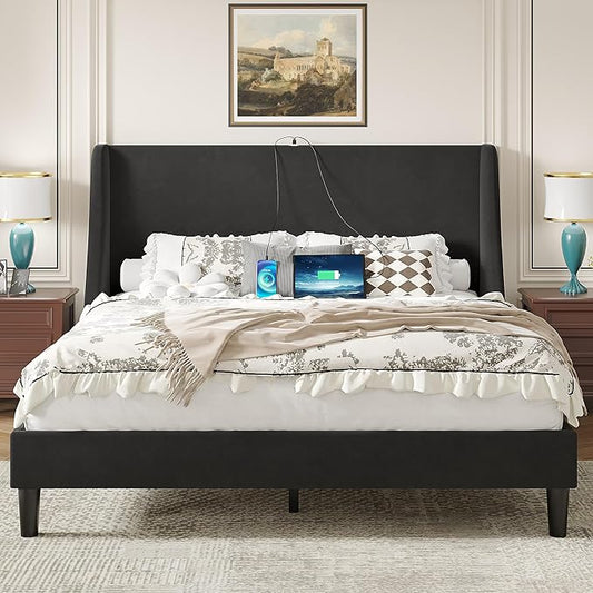 VECELO Full Bed Frame with Upholstered Wingback Headboard, Heavy-Duty Platform Bedframe with Charging Station, Wooden Slats, No Box Spring Needed, Grey