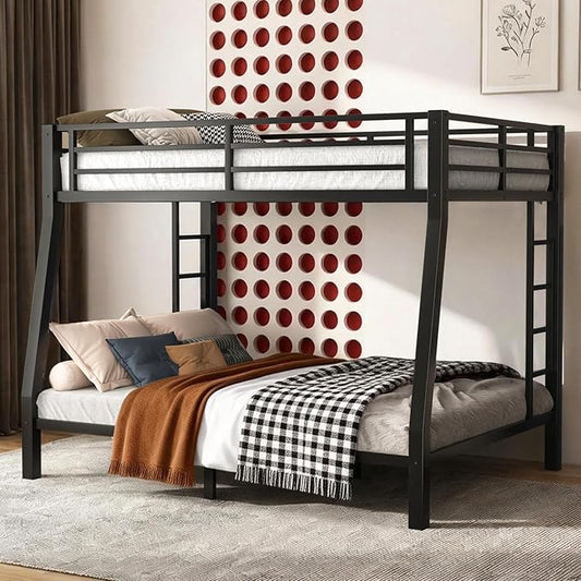 Full XL Over Queen Bunk Bed Frame, Heavy Duty Metal Loft Bed for Adults/Teens, 400/600LB Capacity w/Ladder & Guardrail, Noise-Free Steel Slats, No Box Spring Required, Black