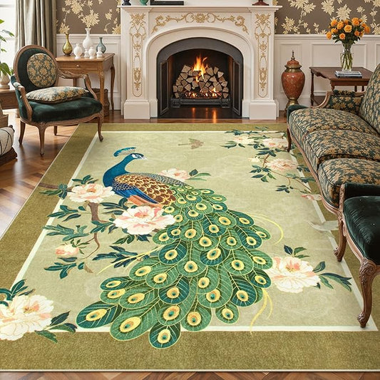Lahome Peacock Area Rugs 8x10, Soft Washable 8x10 Rugs for Living Room, Floral Non Slip Vintage Ultra-Thin Stain Resistance Large Carpet for Bedroom Office Farmhouse Dining Room, Beige