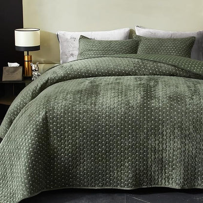 Powdion Velvet Quilt Queen Size, Oversized Bedspread Quilted Bedding Set, Luxurious Soft Coverlet Set Lightweight Velvet Comforter for All Season with Pillow Shams 90x96 Army Green Striped Queen