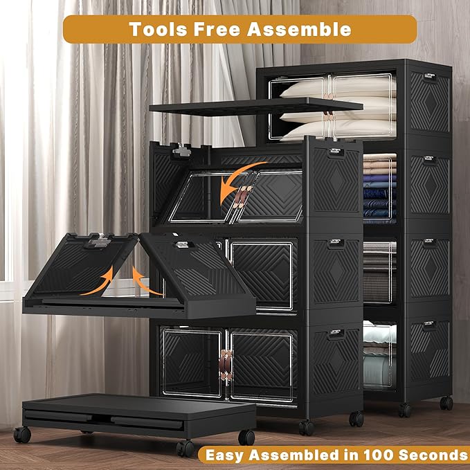 Extra Large Stackable Storage Bins with Lids & Wheels, Foldable Plastic Storage Bins (Dark, 1344QT-168QT/42GAL*8Pack)