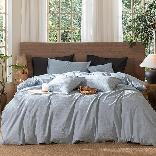 MooMee Wavy Striped Duvet Cover Set 100% Washed Cotton Linen Like Textured Breathable Durable Soft Comfy (Cornflower Blue, Oversized Queen 98"x98")