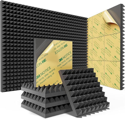 Sonicism Sound Proof Foam Panels for walls Self-Adhesive 18 Pack Pyramid 12" X 12" X 2" Acoustic Panels 35kg/m³High Density,Soundproof Wall Panels Fast Expand,Sound Absorption and Decoration,Black