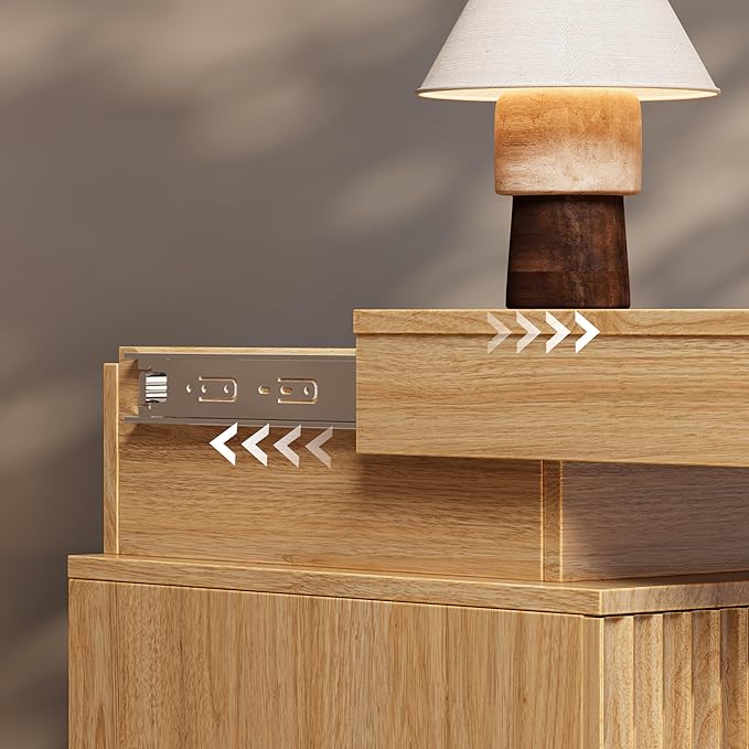 Nightstand Set of 2 for Bedroom, LED Nightstand with 3 Drawers and Charging Station, Mid Century Modern Fluted Nightstands, Bedside Tables & End Tables, Wood