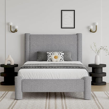 Twin Size Bed Frame, Boucle Upholstered Platform Bed with Headboard and Footboard, Soft Rounded Corners, No Box Spring Required, Easy Assembly, Light Grey