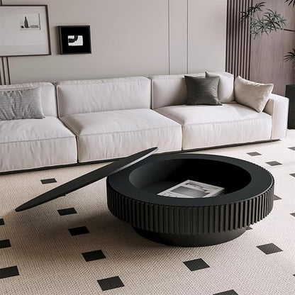 LKTART Round Coffee Table for Living Room, Accent Fluted Drum Coffee Table with Storage, Modern Solid Wood Veneered Circle Center Tea Table for Small Space Apartment (39.4''D×14''H-Black)