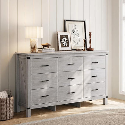 LINSY HOME Dresser for Bedroom with 9 Drawers, 59” Wide Chest with Deep Drawer, Modern Farmhouse Dresser TV Stand with Metal Handles, Wood Storage Cabinet for Closet, Living Room, Hallway, Wash Grey
