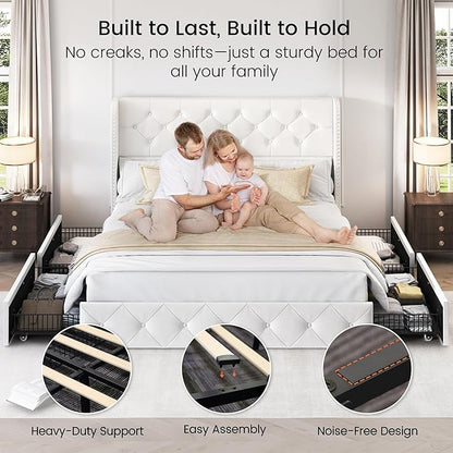LARMACE Queen Size Bed Frame with 4 Storage Drawers and Wingback Headboard Velvet Upholstered Platform Bed Frame Tufted Beds with Wooden Slats Support, Easy Assembly, White