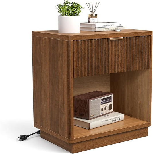 Miereirl Fluted Nightstands with Charging Station, LED Nightstand with Rounded Edge, Walnut-CP-1
