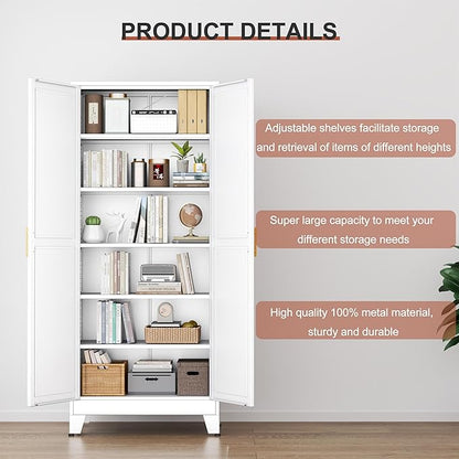 Kitchen Pantry Storage Cabinet with Doors and Adjustable Shelves, Metal ClosetMaid Food Pantry Cabinets, 75" Tall Freestanding Cupboard for Kitchen, Laundry or Utility Room, White