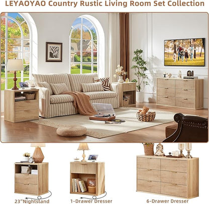 LEYAOYAO Fluted Farmhouse Nightstand Set of 2 with Charging Station, 23" Wide 1 Drawers End Table,Natural Dresser for Bedroom,Bed Side Table Chest of Drawers Cabinet,Wood Night Stand for Living Room