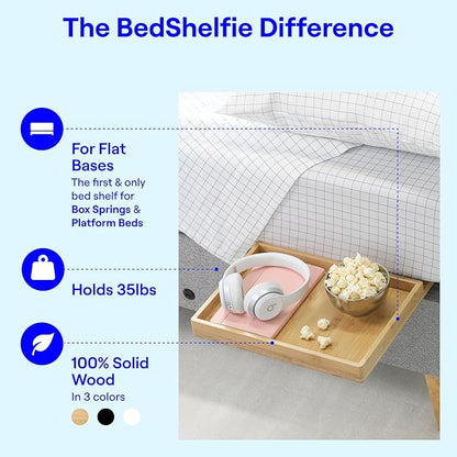 BedShelfie Bedside Shelf for Bunk Bed & Top Bunk, College Dorm Room & Loft Nightstand, Floating Bed Side Table Tray Storage - Natural Wood Slide